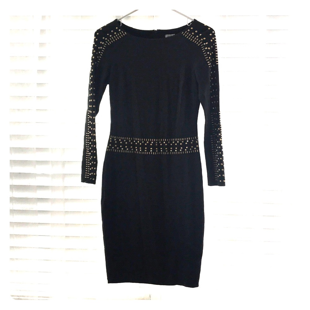 Cache Long Sleeved, Fitted, Studded, Gray Dress